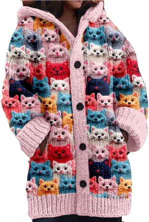 Cute Cat Pattern Knit Hooded Cardigan Cat Sweaters For Women Plus Size Cat Cardigan For Women Lover Gift