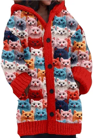 Cute Cat Pattern Knit Hooded Cardigan Cat Sweaters for Women Plus Size Cat Lover Gift Cardigan for Women