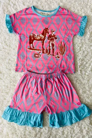 Cute horse cactus western print 2PC girls set XCH0777-15H
