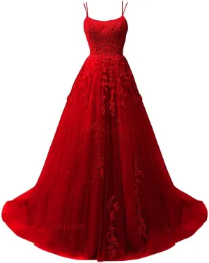 CWOAPO Spaghetti Straps Long Prom Dresses 2025 Ball Gown Lace Appliques Tulle Prom Dress with Pockets Wedding Gowns for Women