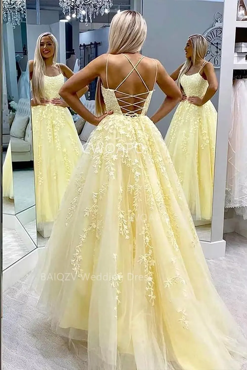 CWOAPO Spaghetti Straps Long Prom Dresses 2025 Ball Gown Lace Appliques Tulle Prom Dress with Pockets Wedding Gowns for Women