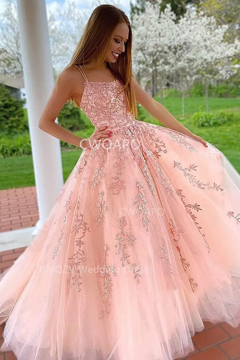 CWOAPO Spaghetti Straps Long Prom Dresses 2025 Ball Gown Lace Appliques Tulle Prom Dress with Pockets Wedding Gowns for Women