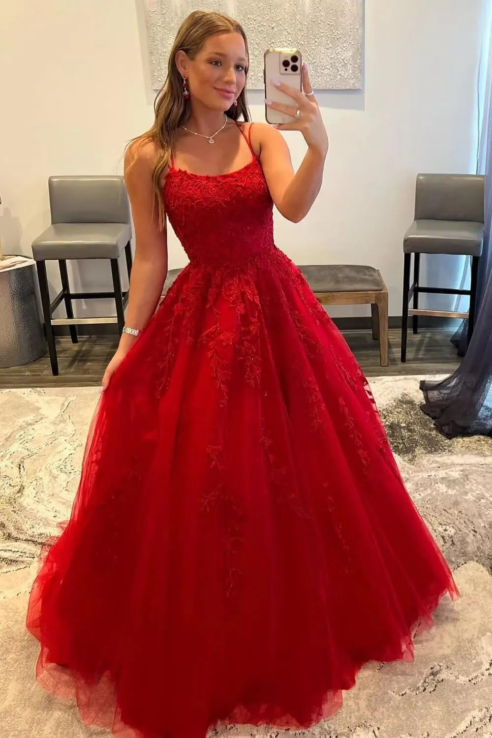 CWOAPO Spaghetti Straps Long Prom Dresses 2025 Ball Gown Lace Appliques Tulle Prom Dress with Pockets Wedding Gowns for Women