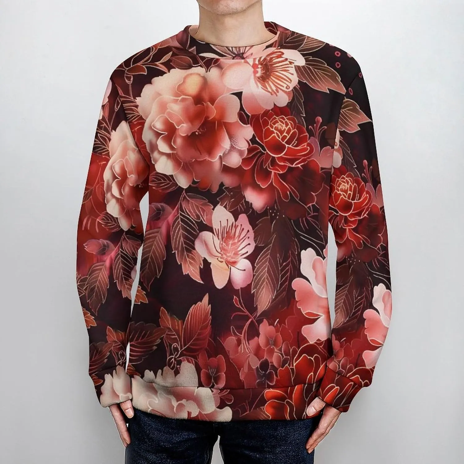 Dark Red And Light Roses Peony Flowers Crew Neck Sweater Oversized Long Sleeve Pure Cotton Casual Knit Pullover Sweatshirt