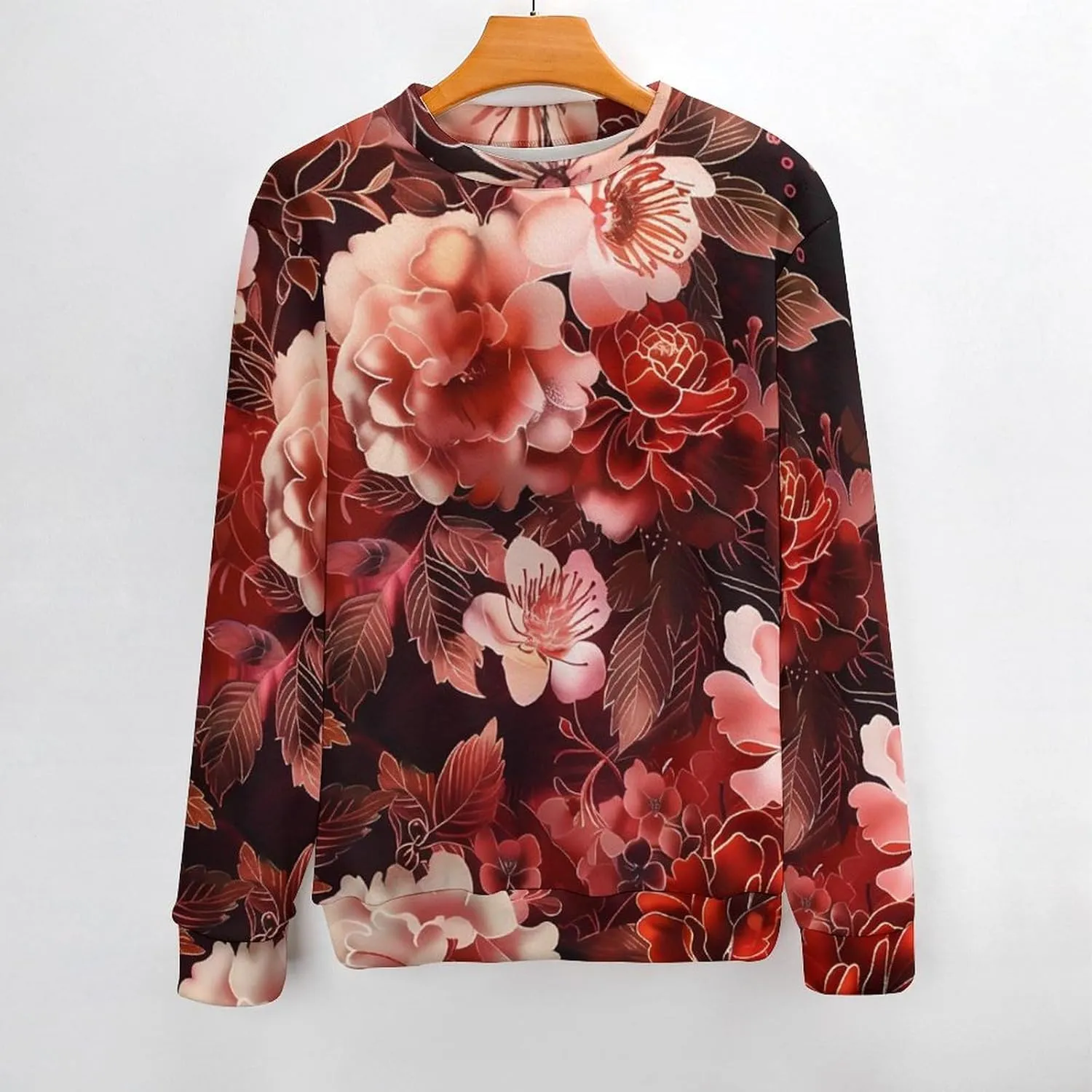 Dark Red And Light Roses Peony Flowers Crew Neck Sweater Oversized Long Sleeve Pure Cotton Casual Knit Pullover Sweatshirt