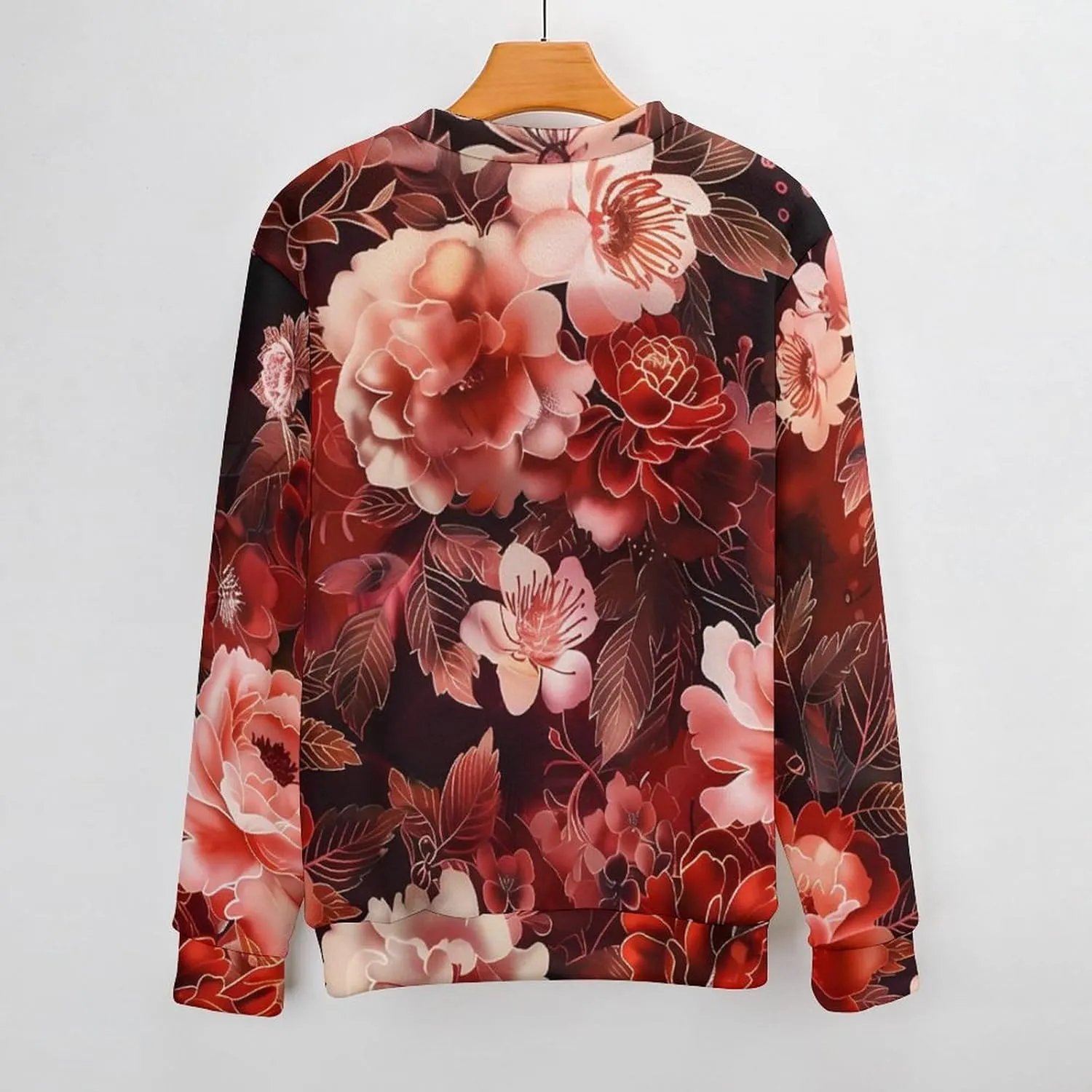 Dark Red And Light Roses Peony Flowers Crew Neck Sweater Oversized Long Sleeve Pure Cotton Casual Knit Pullover Sweatshirt