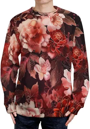 Dark Red And Light Roses Peony Flowers Crew Neck Sweater Oversized Long Sleeve Pure Cotton Casual Knit Pullover Sweatshirt