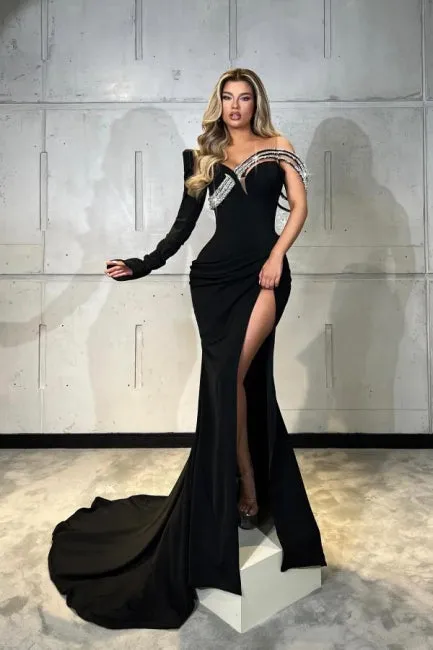Designer Long Black Mermaid One Shoulder Satin Glitter Long Sleeve Prom Dress with Slit