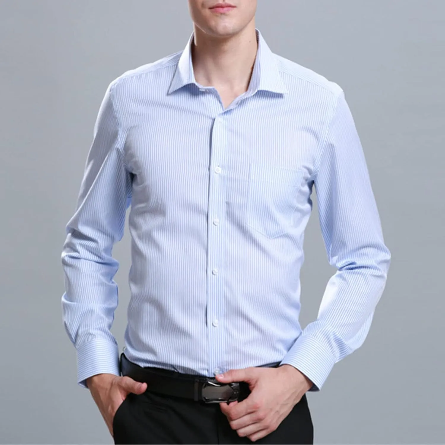DGHM-JLMY Men's Iron-Free Slim Fit Business Shirt Regular Fit Lapel Collar Dress Shirt Pocket Decorative Dress Shirt