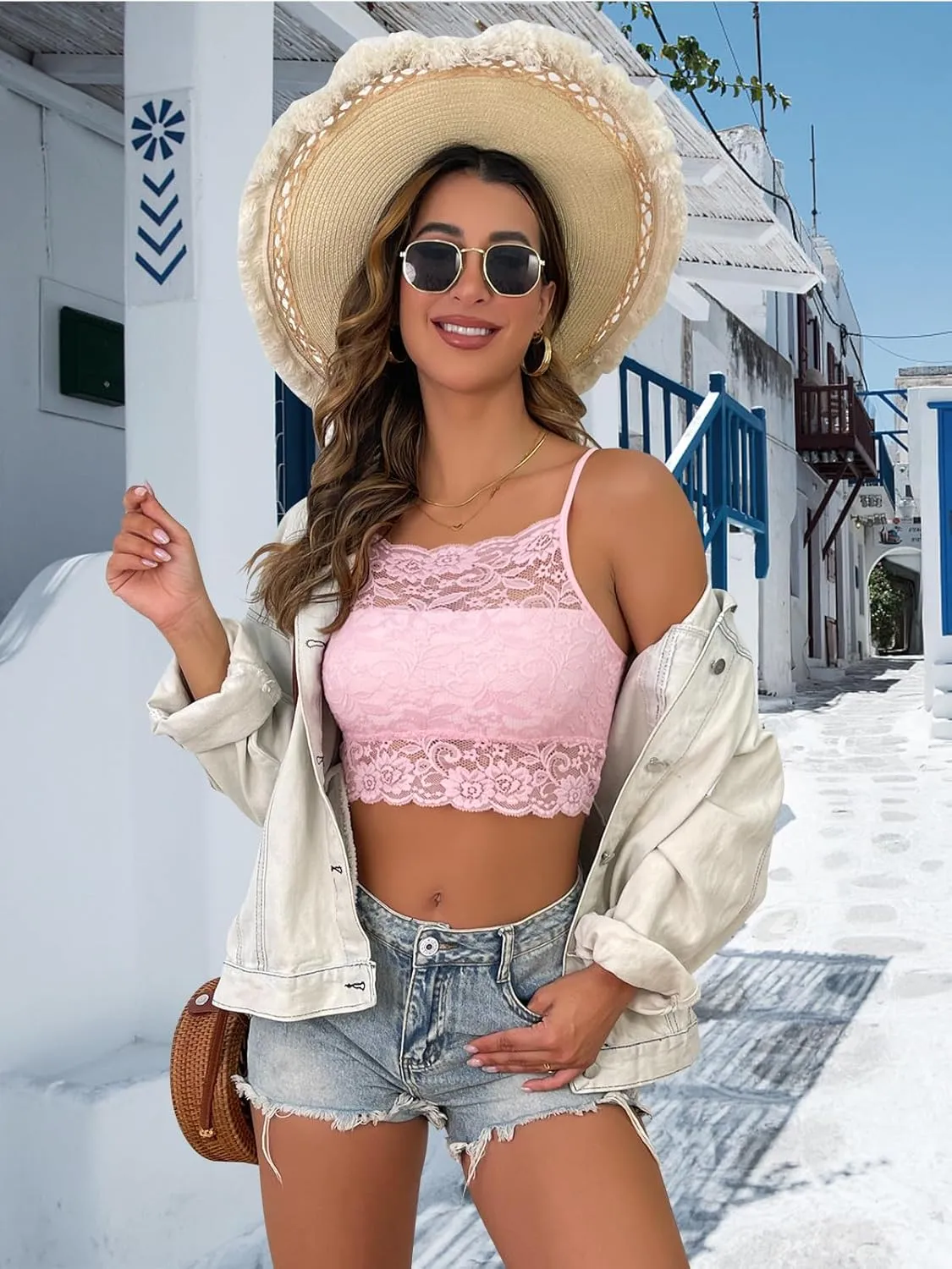 Donnalla 2 Pack Lace Bralettes Women Tank Unpadded Unlined Wireless Bra Camisole Spaghetti Strap Racerback Slim Tube Crop Top
