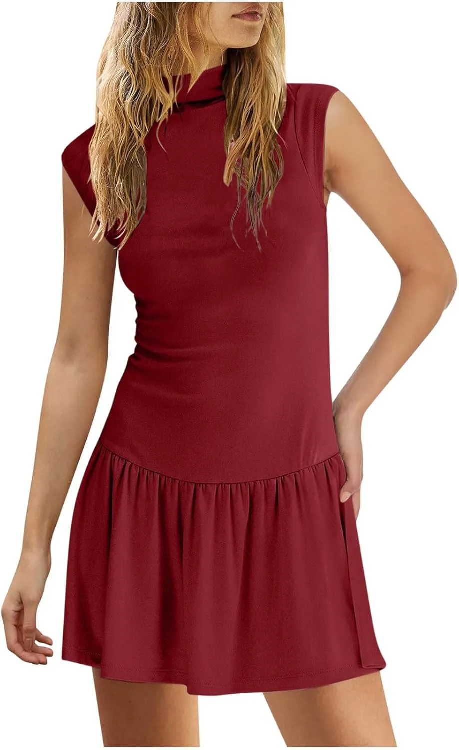 Dresses for Women 2025 Fashion Stand Collar Drop Waist Ruffle Mini Dress Casual Classy Spring Summer Cap Sleeve Dress