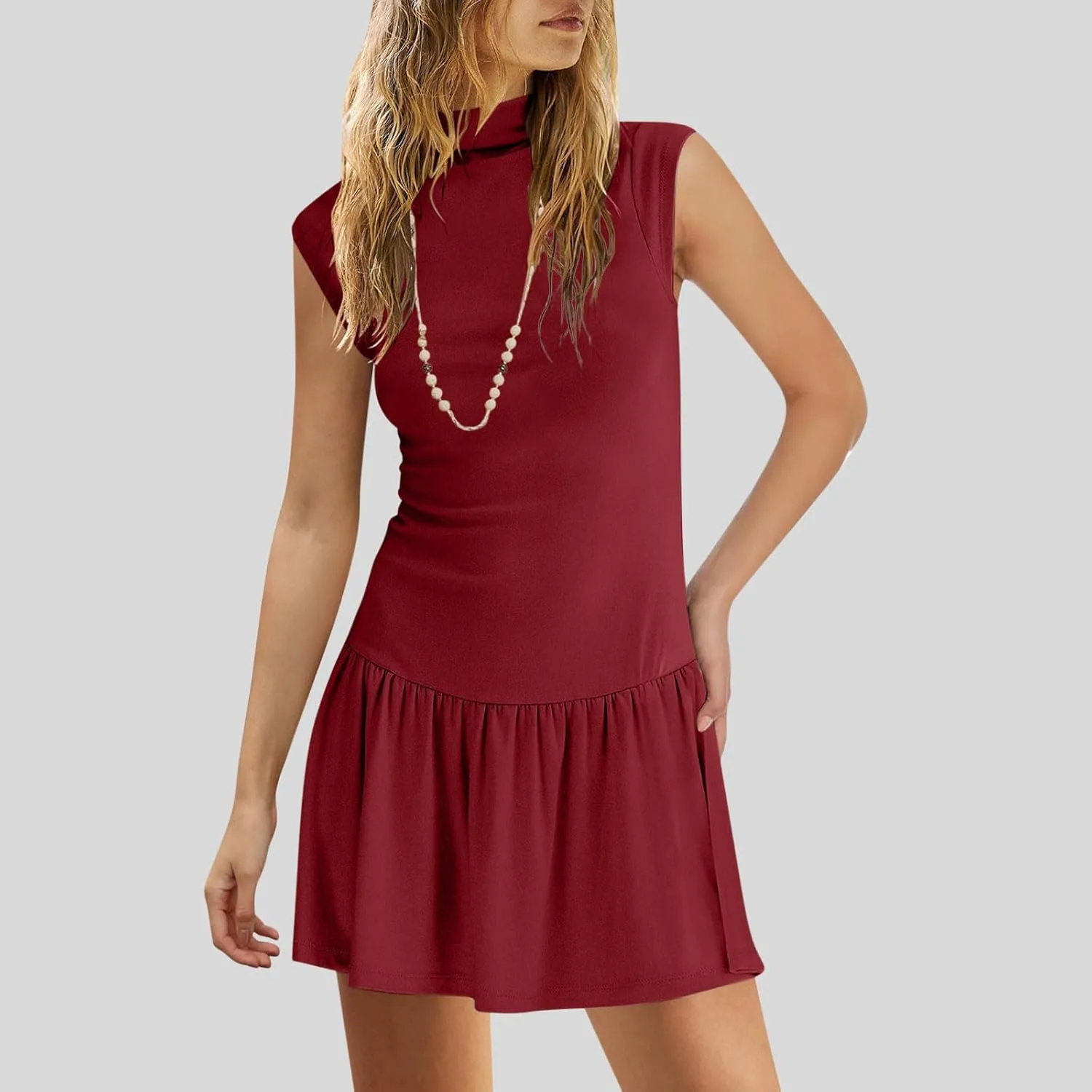 Dresses for Women 2025 Fashion Stand Collar Drop Waist Ruffle Mini Dress Casual Classy Spring Summer Cap Sleeve Dress