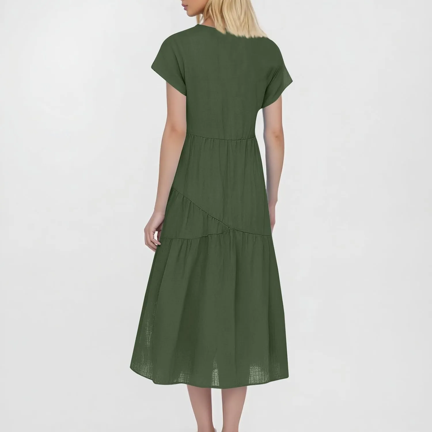 Dresses for Women 2025 Summer Casual Trendy Short Sleeve V-Neck Solid Color Flowy Beach Maxi Linen Dress, S-2XL