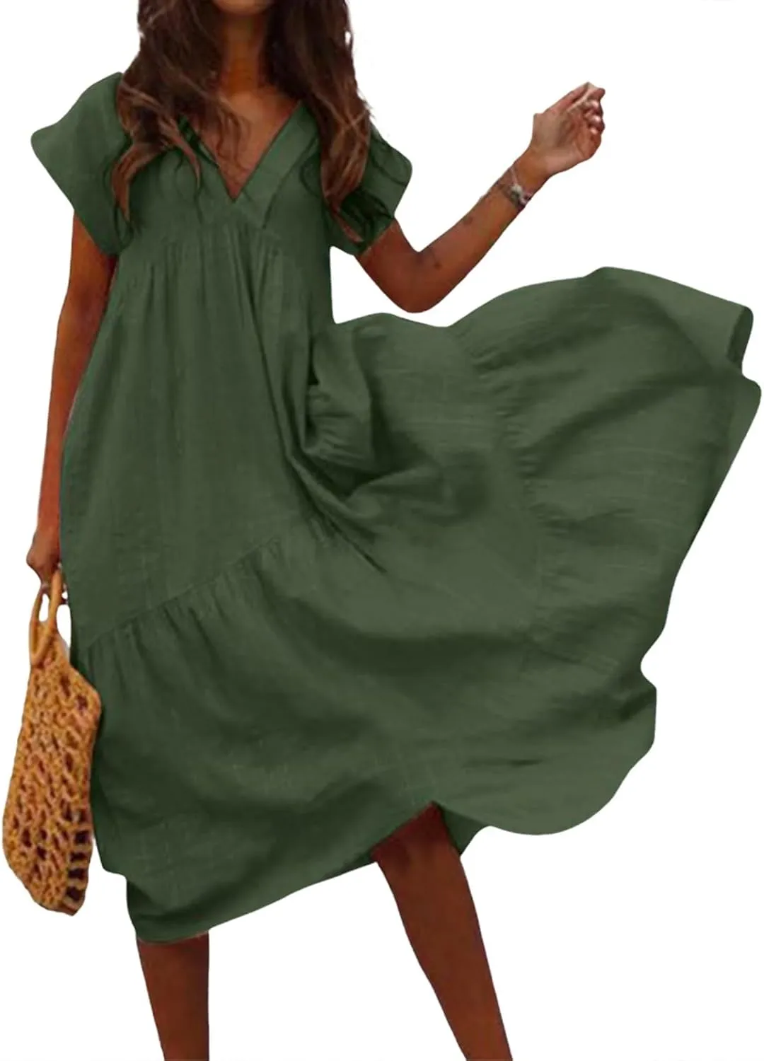 Dresses for Women 2025 Summer Casual Trendy Short Sleeve V-Neck Solid Color Flowy Beach Maxi Linen Dress, S-2XL
