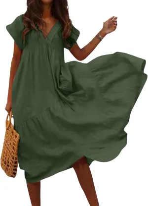 Dresses for Women 2025 Summer Casual Trendy Short Sleeve V-Neck Solid Color Flowy Beach Maxi Linen Dress, S-2XL