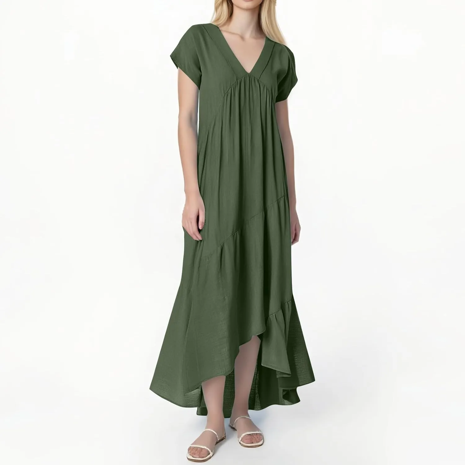 Dresses for Women 2025 Summer Casual Trendy Short Sleeve V-Neck Solid Color Flowy Beach Maxi Linen Dress, S-2XL
