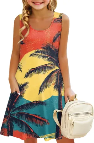 Easter Dresses for Girls Sleeveless A-Line U Neck Summer Girls Beach Sundresses Tank Midi Dresses with Pockets