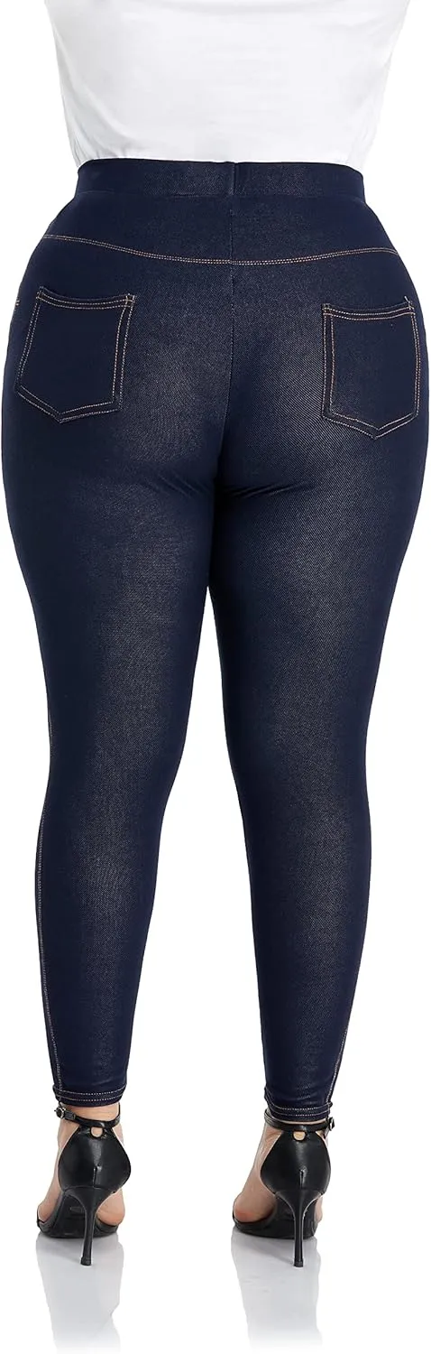 ELISS Women's Plus Size Jeans Look Jeggings Stretch High Waisted Denim Skinny Pull-on Leggings with Pockets (1X-4X)