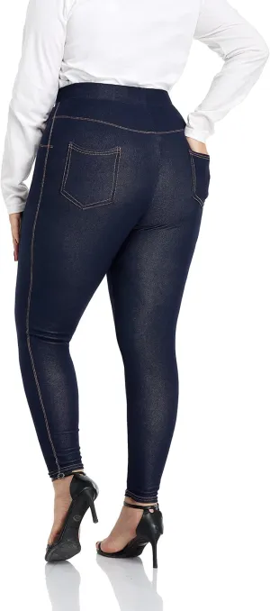 ELISS Women's Plus Size Jeans Look Jeggings Stretch High Waisted Denim Skinny Pull-on Leggings with Pockets (1X-4X)
