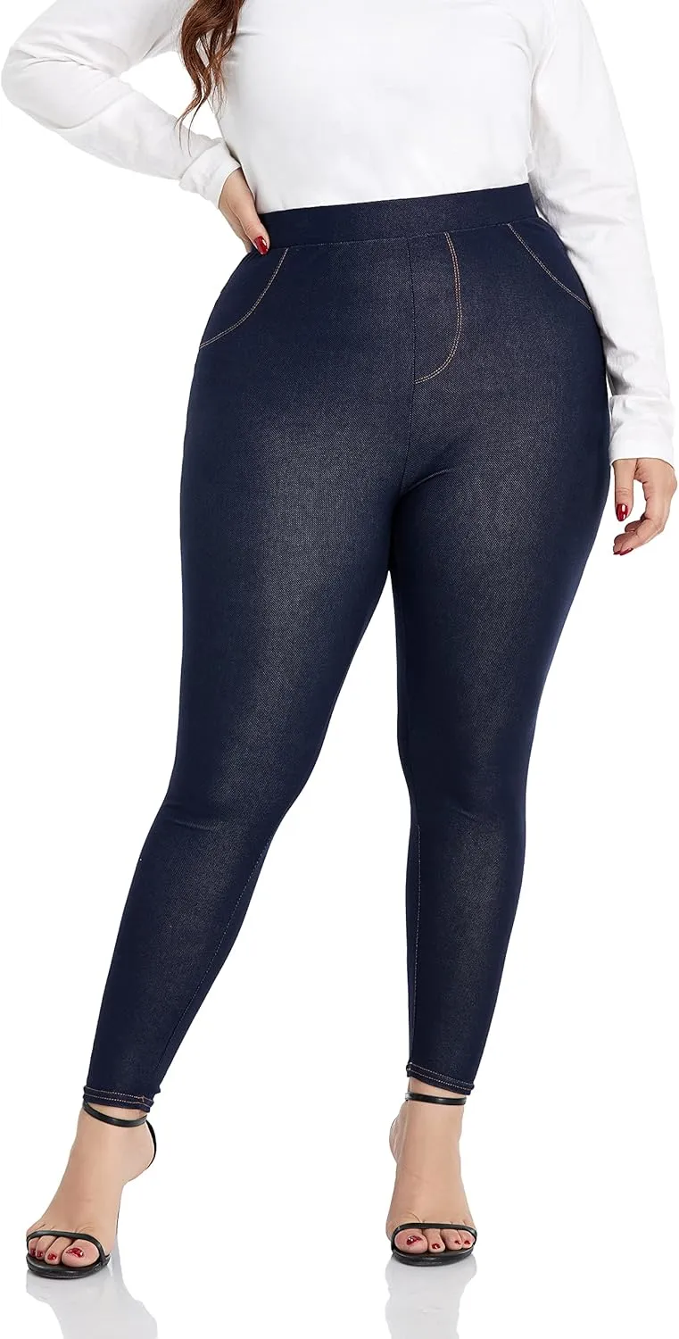 ELISS Women's Plus Size Jeans Look Jeggings Stretch High Waisted Denim Skinny Pull-on Leggings with Pockets (1X-4X)