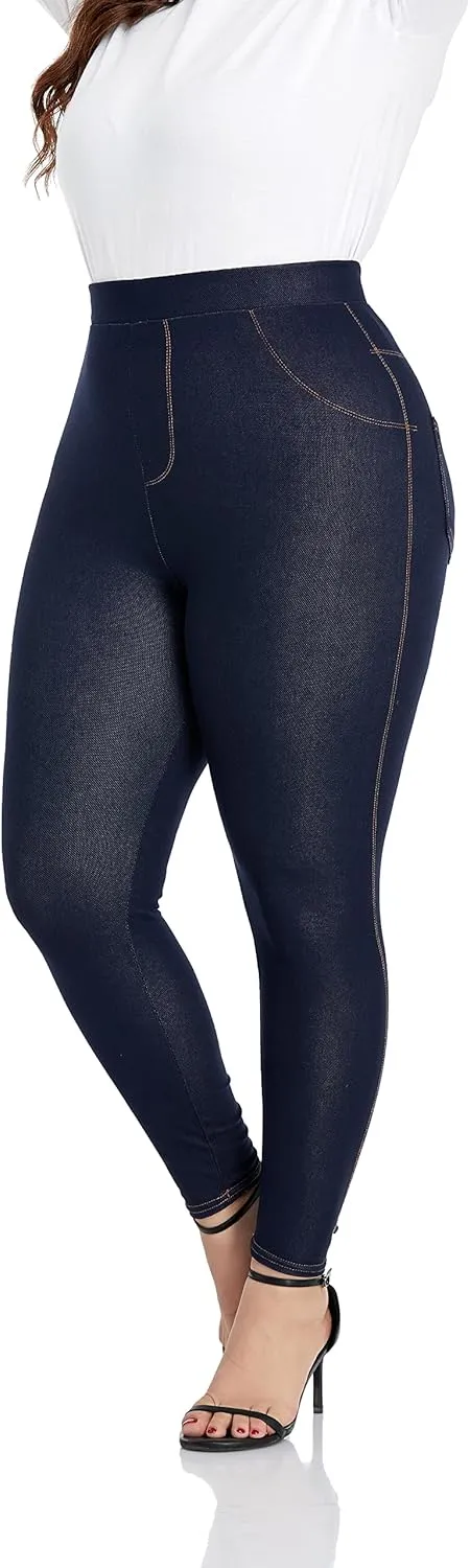 ELISS Women's Plus Size Jeans Look Jeggings Stretch High Waisted Denim Skinny Pull-on Leggings with Pockets (1X-4X)