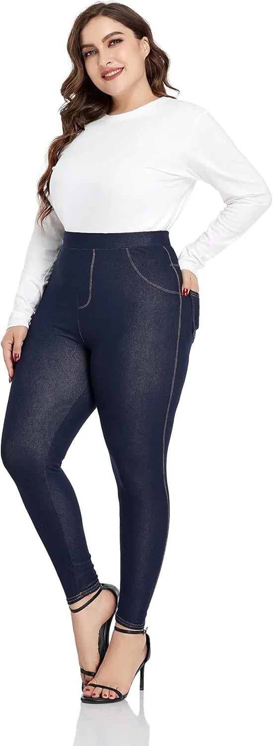 ELISS Women's Plus Size Jeans Look Jeggings Stretch High Waisted Denim Skinny Pull-on Leggings with Pockets (1X-4X)