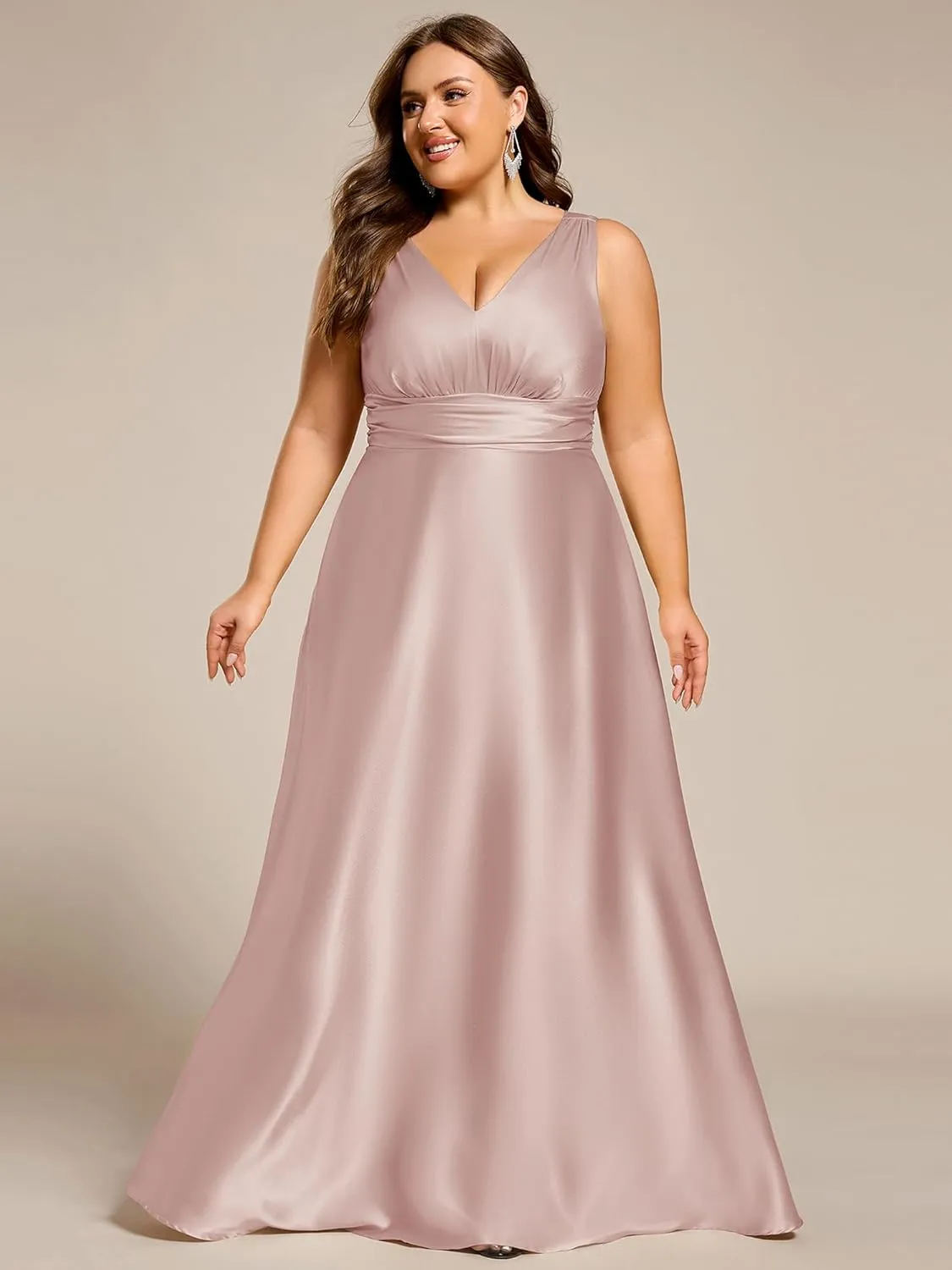 Ever-Pretty Plus Women's Sleeveless V Neck Pleated Spring Plus Size Satin Formal Dresses with Pockets 02326-DA