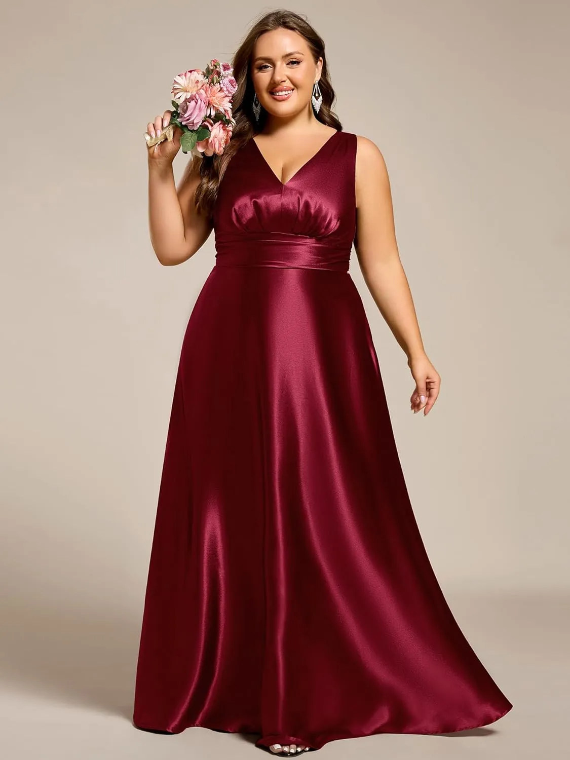 Ever-Pretty Plus Women's Sleeveless V Neck Pleated Spring Plus Size Satin Formal Dresses with Pockets 02326-DA