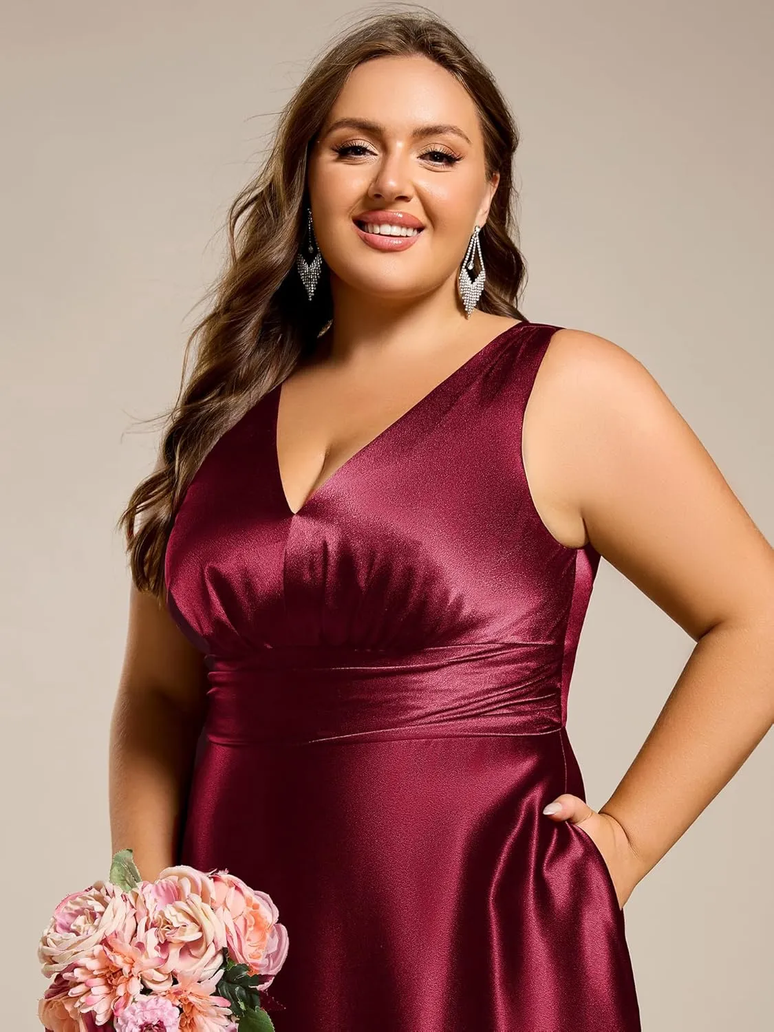 Ever-Pretty Plus Women's Sleeveless V Neck Pleated Spring Plus Size Satin Formal Dresses with Pockets 02326-DA