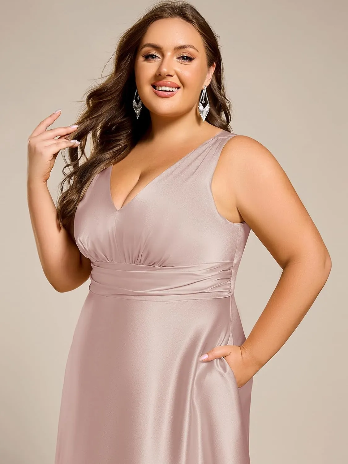 Ever-Pretty Plus Women's Sleeveless V Neck Pleated Spring Plus Size Satin Formal Dresses with Pockets 02326-DA