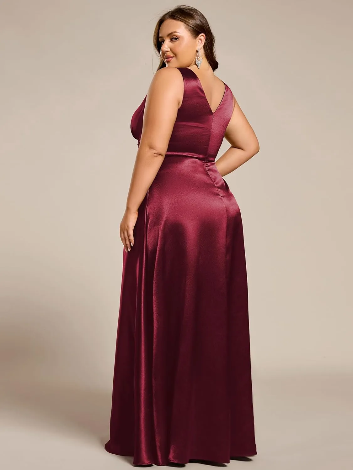 Ever-Pretty Plus Women's Sleeveless V Neck Pleated Spring Plus Size Satin Formal Dresses with Pockets 02326-DA