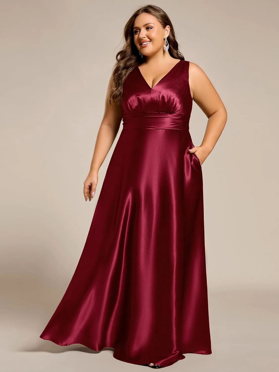 Ever-Pretty Plus Women's Sleeveless V Neck Pleated Spring Plus Size Satin Formal Dresses with Pockets 02326-DA