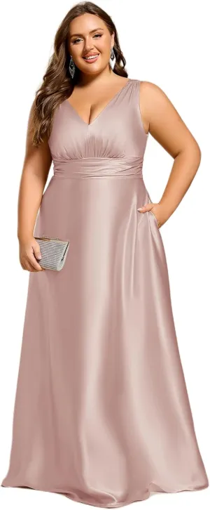 Ever-Pretty Plus Women's Sleeveless V Neck Pleated Spring Plus Size Satin Formal Dresses with Pockets 02326-DA