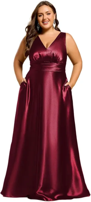 Ever-Pretty Plus Women's Sleeveless V Neck Pleated Spring Plus Size Satin Formal Dresses with Pockets 02326-DA