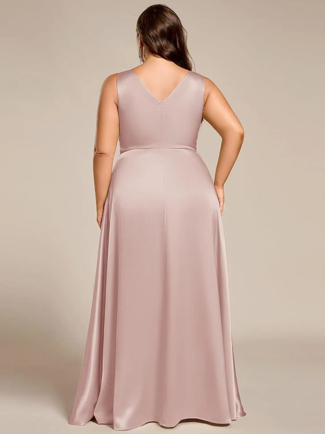 Ever-Pretty Plus Women's Sleeveless V Neck Pleated Spring Plus Size Satin Formal Dresses with Pockets 02326-DA