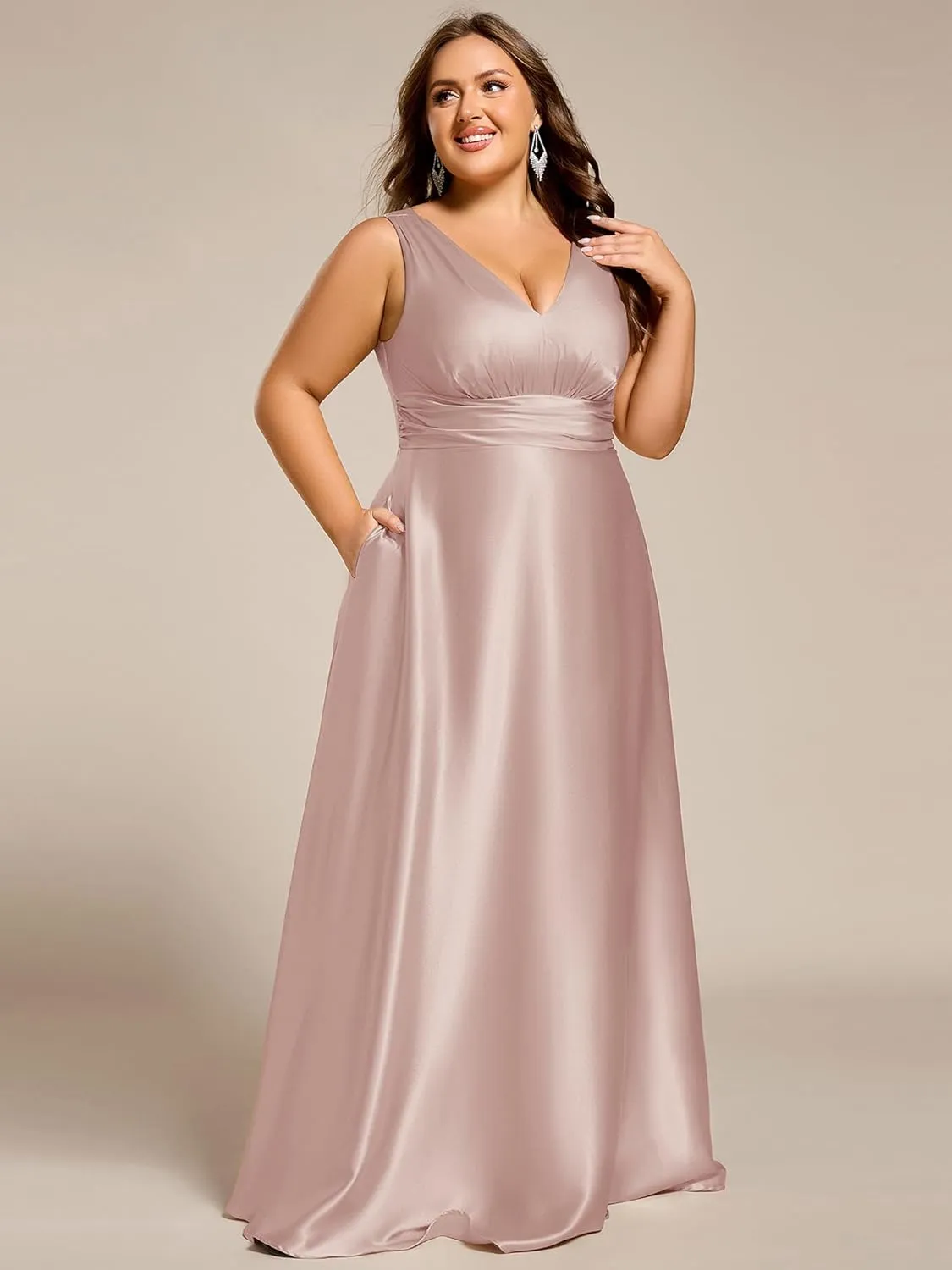 Ever-Pretty Plus Women's Sleeveless V Neck Pleated Spring Plus Size Satin Formal Dresses with Pockets 02326-DA
