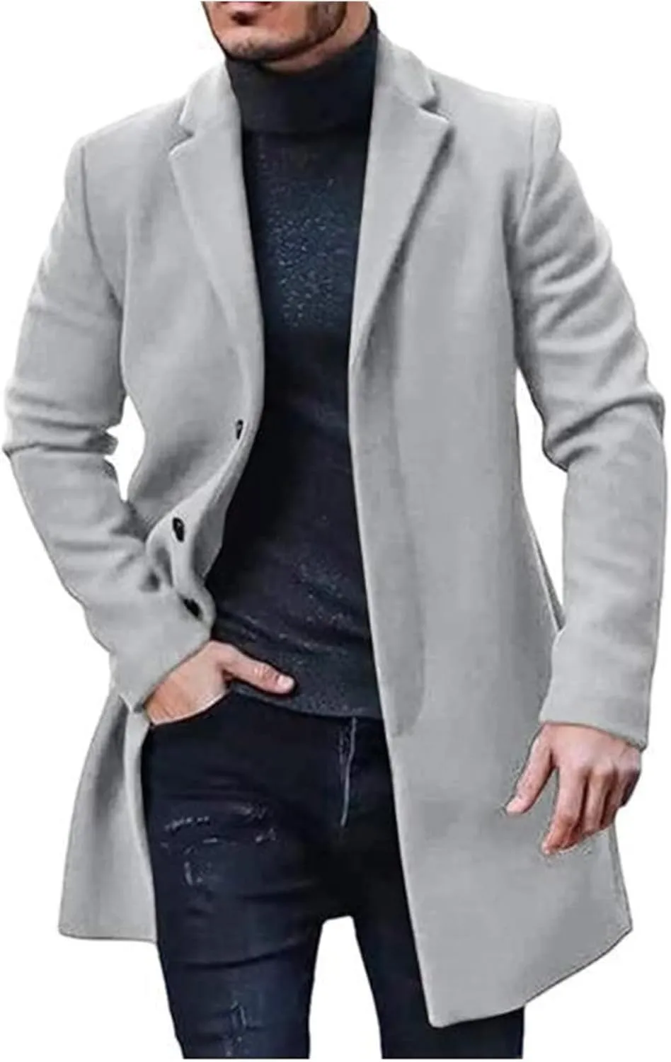 evzosrz Men's Trench Coat Slim Fit Notched Collar Single Breasted Top Coat Winter Warm Cotton Business Long Jacket Overcoat