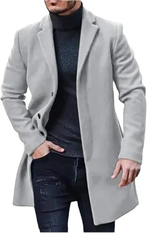 evzosrz Men's Trench Coat Slim Fit Notched Collar Single Breasted Top Coat Winter Warm Cotton Business Long Jacket Overcoat