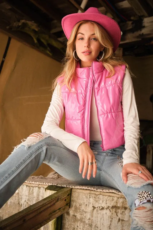 Explore More Collection - Gloss Shiny PU Quilted Puffer Zip Up Crop Vest