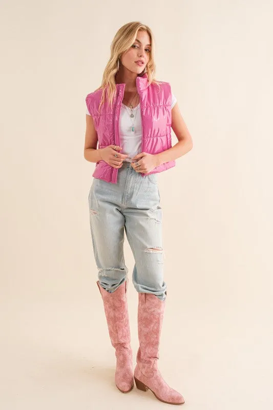 Explore More Collection - Gloss Shiny PU Quilted Puffer Zip Up Crop Vest