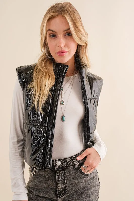 Explore More Collection - Gloss Shiny PU Quilted Puffer Zip Up Crop Vest