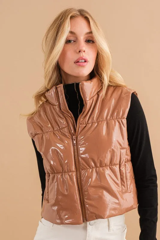 Explore More Collection - Gloss Shiny PU Quilted Puffer Zip Up Crop Vest