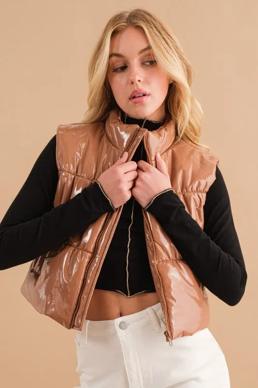 Explore More Collection - Gloss Shiny PU Quilted Puffer Zip Up Crop Vest