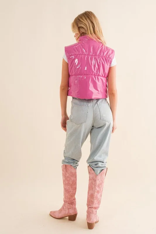 Explore More Collection - Gloss Shiny PU Quilted Puffer Zip Up Crop Vest