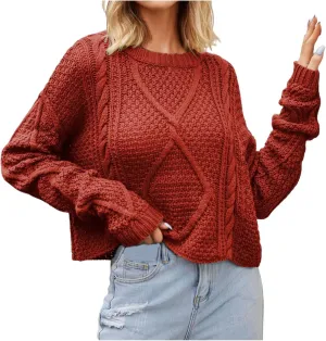 Fall Sweaters for Women 2024 Chunky Knit Crewneck Solid Color Long Sleeve Casual Loose Fit Soft Pullover Tops