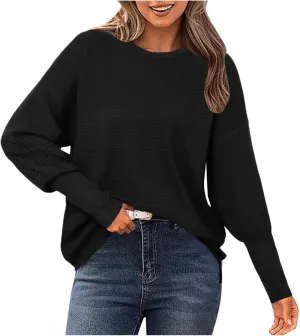 Fall Sweaters for Women Chunky Knit Crewneck Solid Color Long Sleeve Soft Lightweight Casual Sweaters Tops