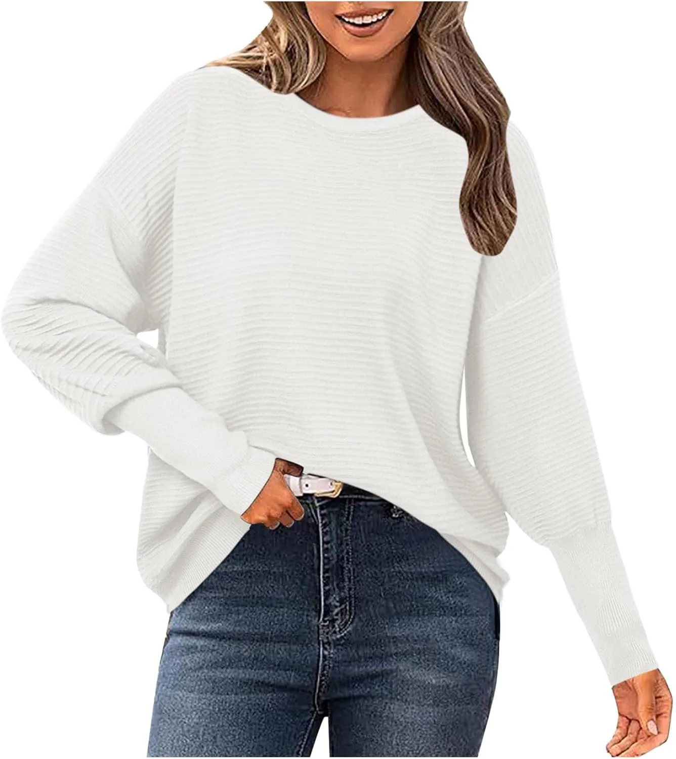 Fall Sweaters for Women Chunky Knit Crewneck Solid Color Long Sleeve Soft Lightweight Casual Sweaters Tops