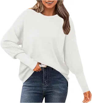 Fall Sweaters for Women Chunky Knit Crewneck Solid Color Long Sleeve Soft Lightweight Casual Sweaters Tops