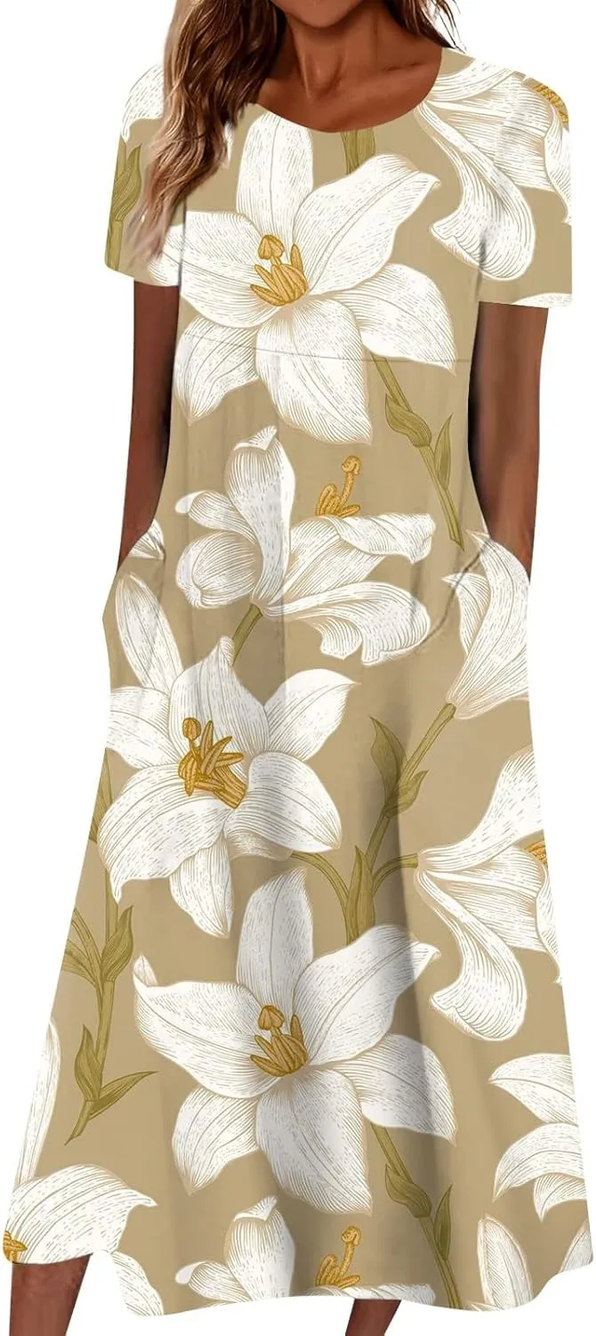 FlekmanArt Women's 2024 Casual Floral Printed Maxi Dress with Short Sleeves, Pocket, Loose Fit, Size S, Blue