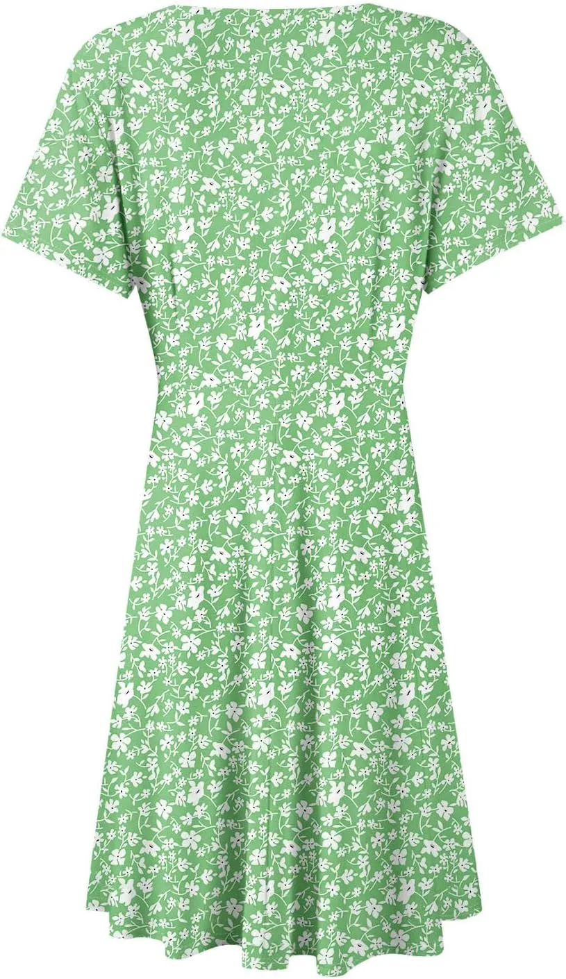 Floral Dress for Women Casual Summer V Neck Short Sleeve Knee Length Wrap Dress Cute Sundresses for Beach Vacation